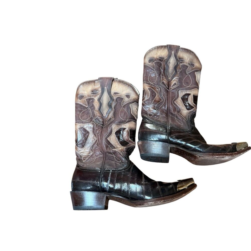 King Exotic Brown Leather Eel Snip Toe Mens Sz 8 Cowboy Western Boots Metal Toe